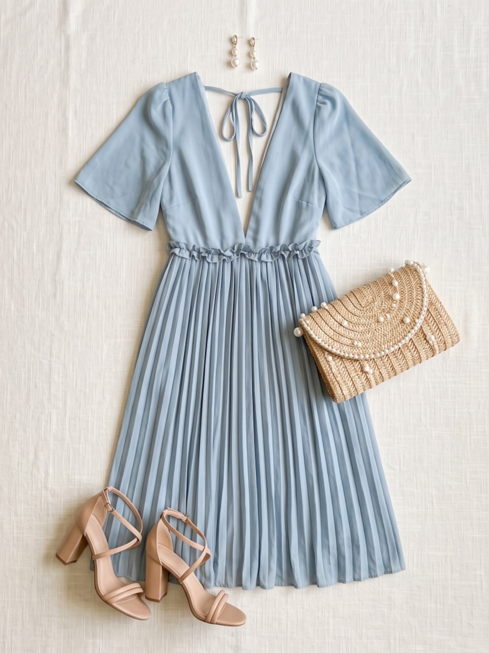 Boohoo Pastel Sky Blue Deep Plunge Pleated Midi Dress Frill Waist 2